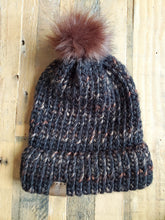 Load image into Gallery viewer, Multicolored Black &amp; Brown Hat with Dark Brown Pom-Pom
