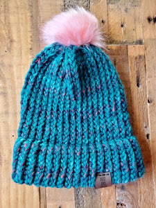 Multicolored Turquoise Hat with Pink Pom-Pom