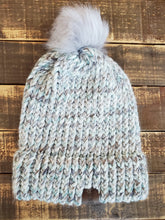 Load image into Gallery viewer, Multicolored Blue, Grey &amp; Brown Hat with Grey Pom-Pom
