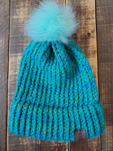 Load image into Gallery viewer, Multicolored Turquoise Hat with Turquoise Pom-Pom
