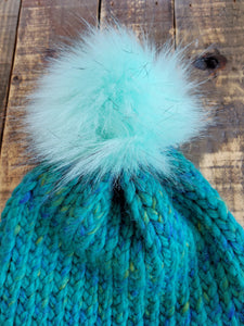 Multicolored Turquoise Hat with Turquoise Pom-Pom